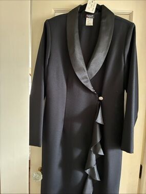 Vintage Black Wrap Dress Coat with Satin Shawl Collar
